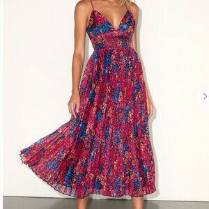 NWT Black Multi Floral Pleated Midi Dress size M